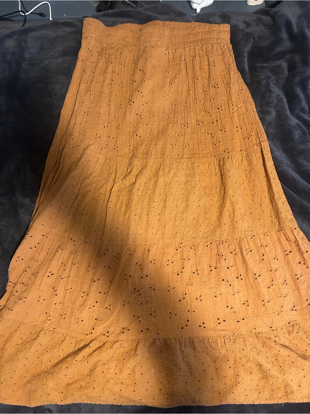 Tiered Eyelet Maxi Skirt — Rust